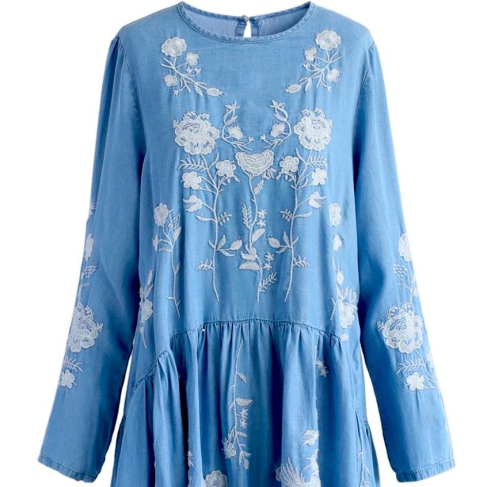 NWT Chicwish Artless Flowers Embroidered Dress in Denim Chambray